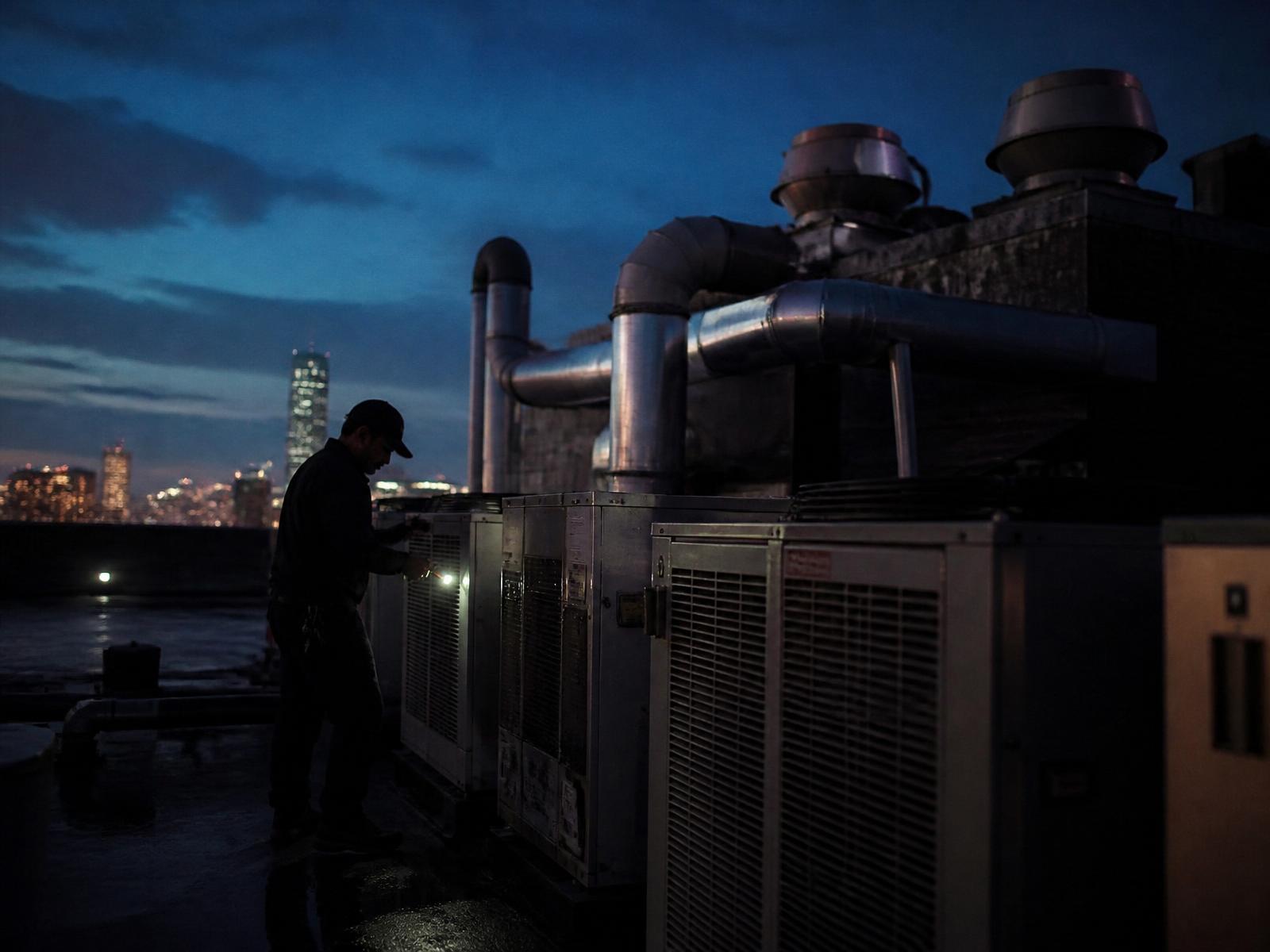 Technician servicing rooftop HVAC and kitchen exhaust units at dusk